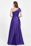 One Shoulder Satin Pleated Bridesmaid Dress Long Bowknot Formal Evening Party Dresses Gowns