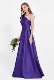 One Shoulder Satin Pleated Bridesmaid Dress Long Bowknot Formal Evening Party Dresses Gowns