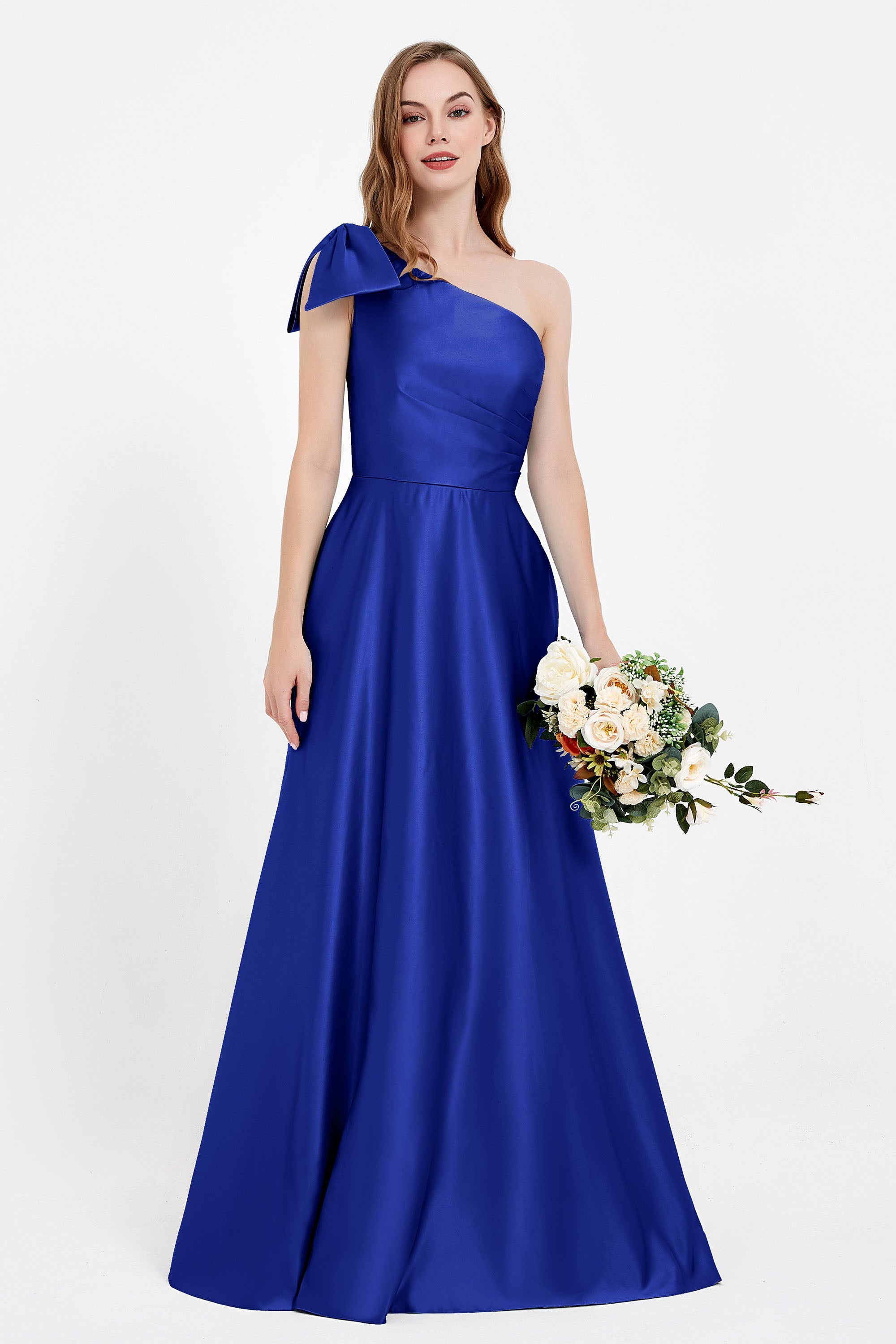 One Shoulder Satin Pleated Bridesmaid Dress Long Bowknot Formal Evening Party Dresses Gowns