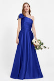 One Shoulder Satin Pleated Bridesmaid Dress Long Bowknot Formal Evening Party Dresses Gowns