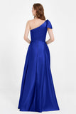 One Shoulder Satin Pleated Bridesmaid Dress Long Bowknot Formal Evening Party Dresses Gowns