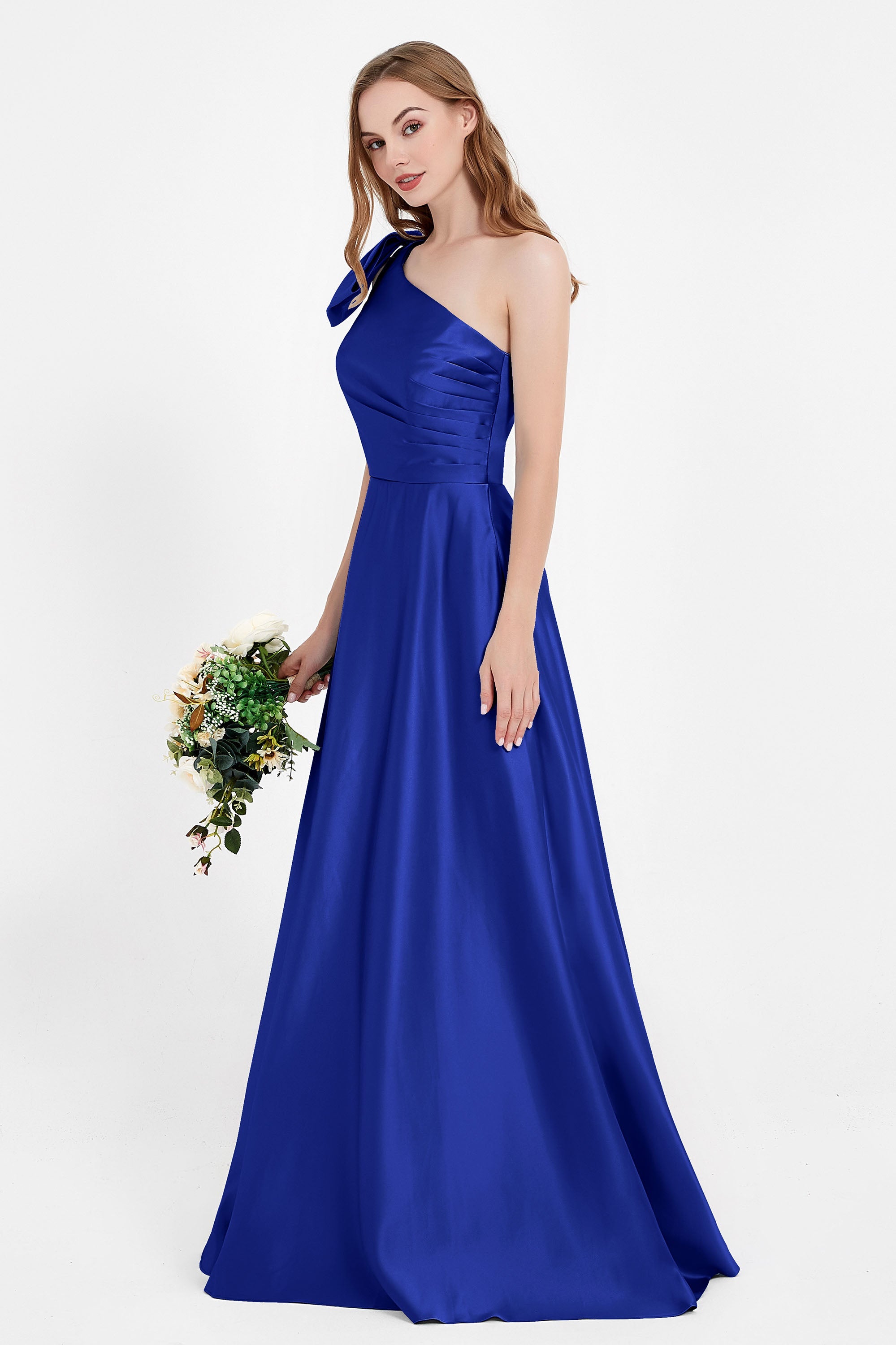 One Shoulder Satin Pleated Bridesmaid Dress Long Bowknot Formal Evening Party Dresses Gowns
