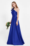One Shoulder Satin Pleated Bridesmaid Dress Long Bowknot Formal Evening Party Dresses Gowns