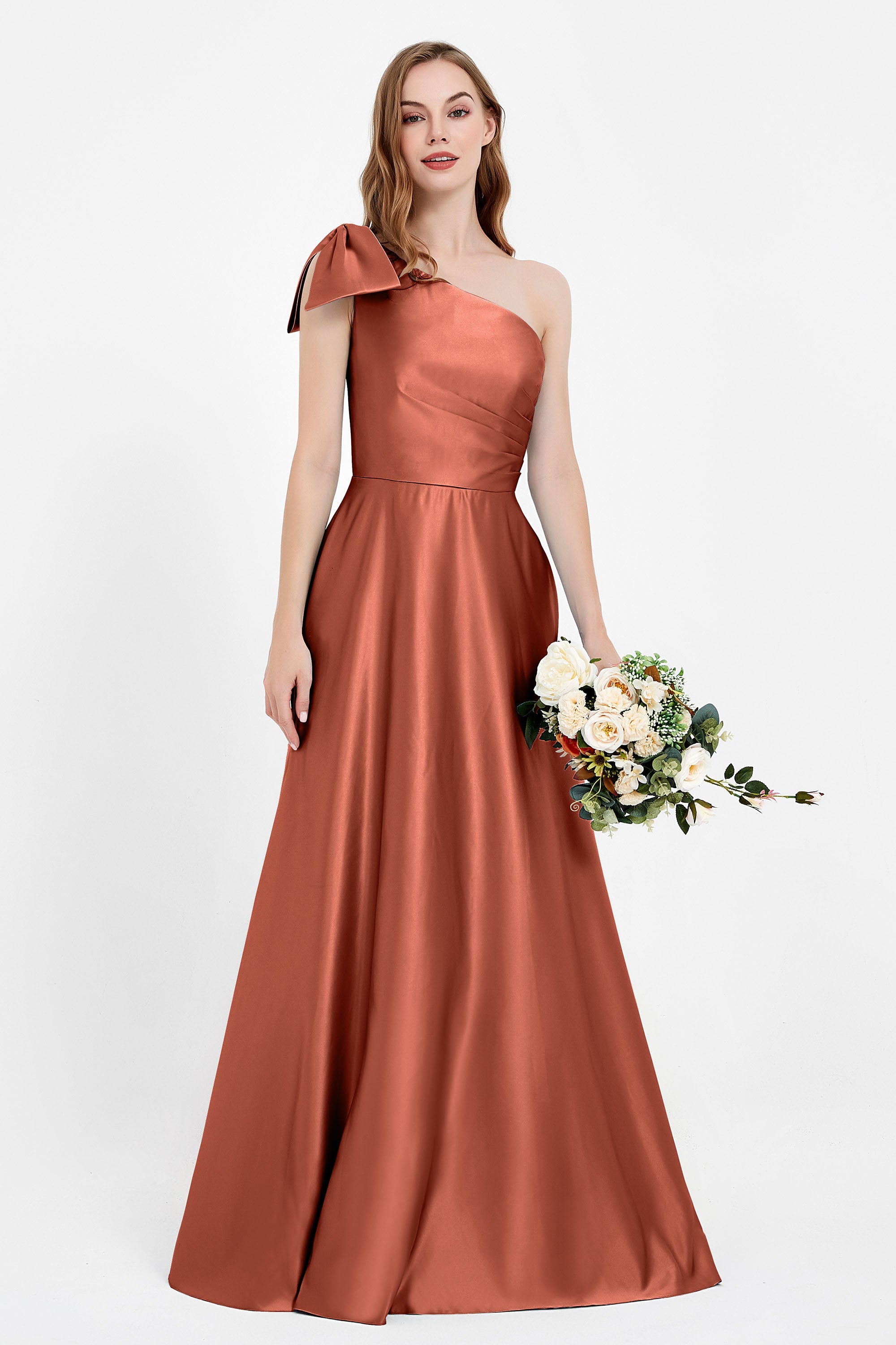 One Shoulder Satin Pleated Bridesmaid Dress Long Bowknot Formal Evening Party Dresses Gowns