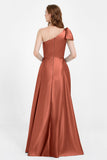One Shoulder Satin Pleated Bridesmaid Dress Long Bowknot Formal Evening Party Dresses Gowns