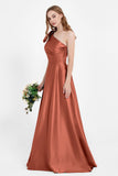 One Shoulder Satin Pleated Bridesmaid Dress Long Bowknot Formal Evening Party Dresses Gowns