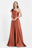 One Shoulder Satin Pleated Bridesmaid Dress Long Bowknot Formal Evening Party Dresses Gowns