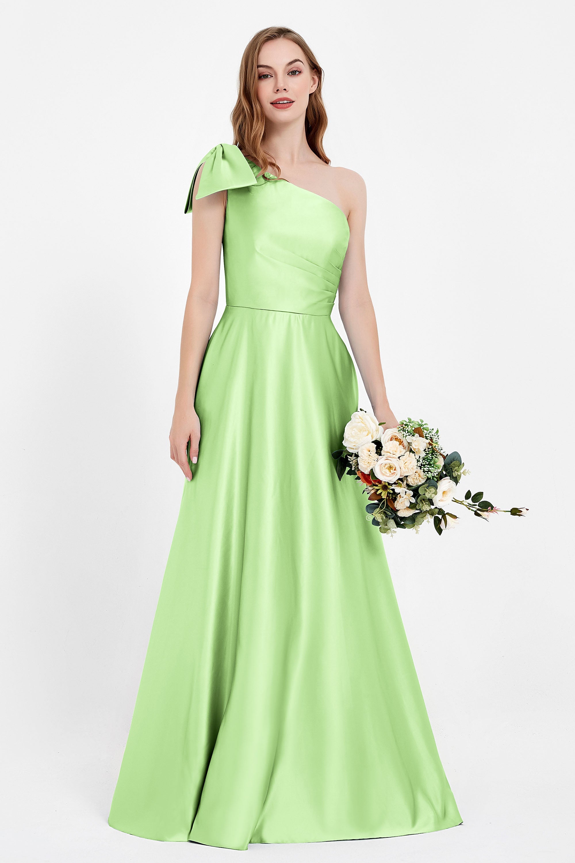 One Shoulder Satin Pleated Bridesmaid Dress Long Bowknot Formal Evening Party Dresses Gowns