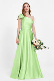 One Shoulder Satin Pleated Bridesmaid Dress Long Bowknot Formal Evening Party Dresses Gowns