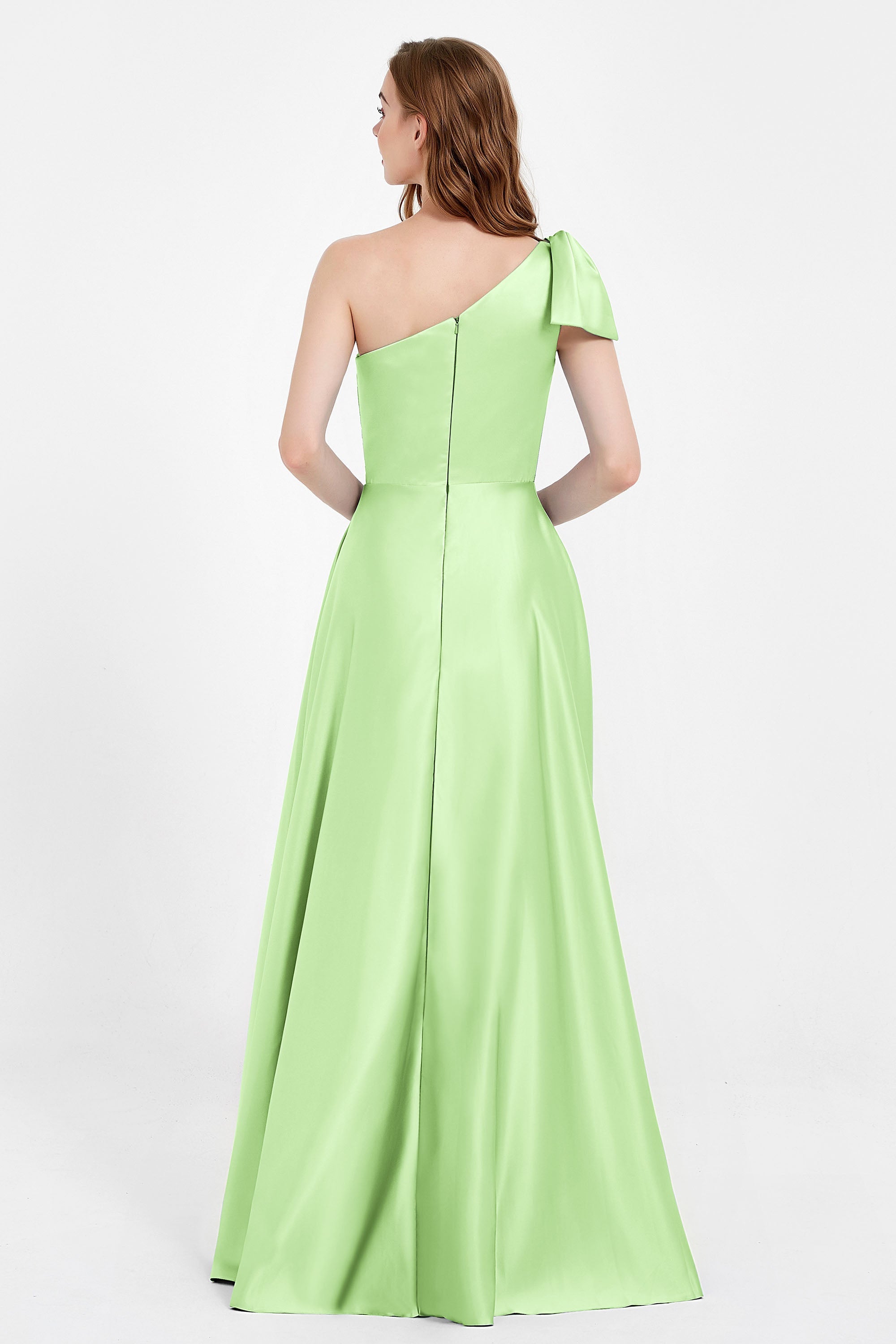 One Shoulder Satin Pleated Bridesmaid Dress Long Bowknot Formal Evening Party Dresses Gowns