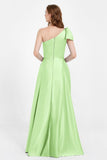 One Shoulder Satin Pleated Bridesmaid Dress Long Bowknot Formal Evening Party Dresses Gowns