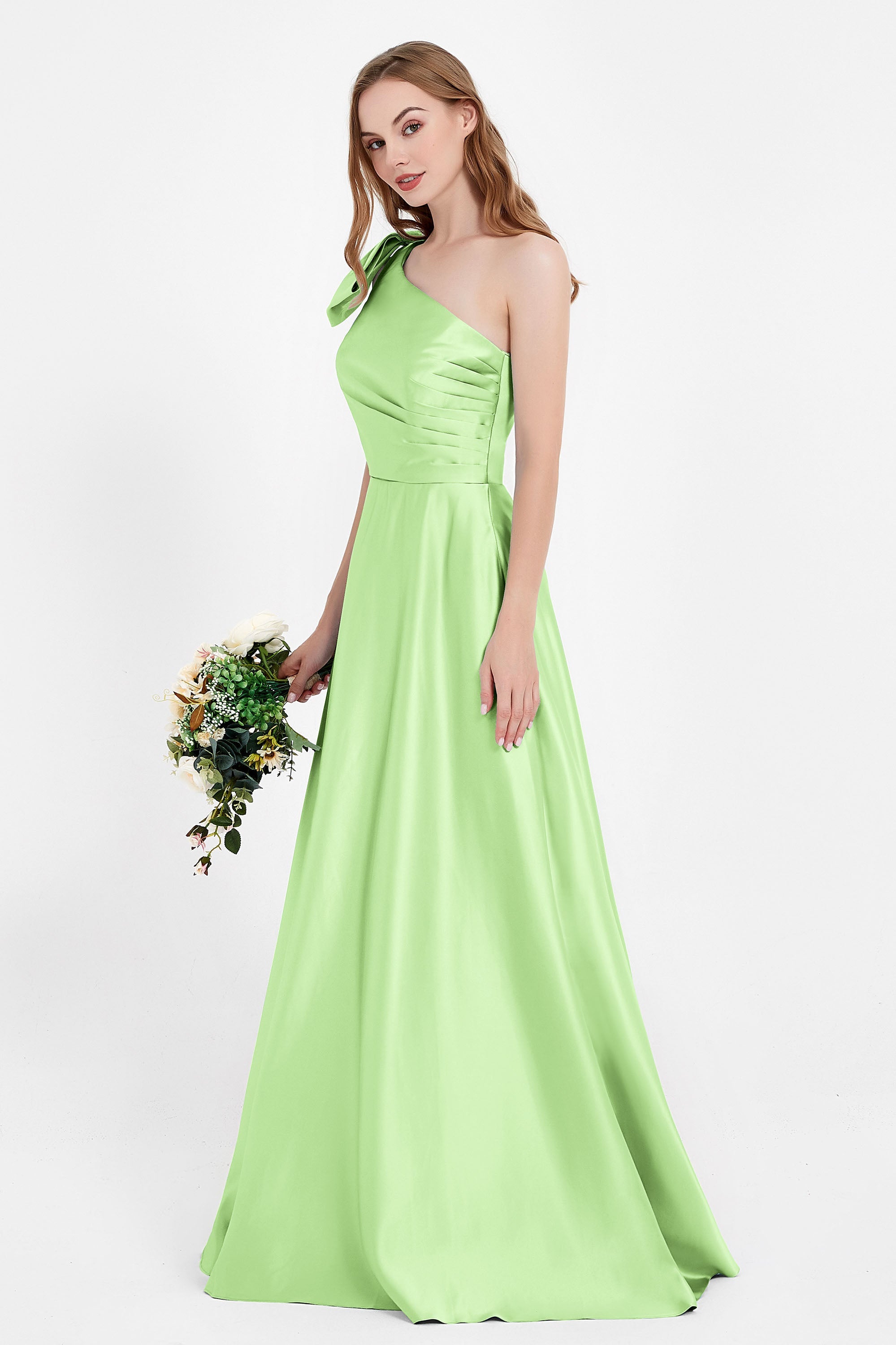 One Shoulder Satin Pleated Bridesmaid Dress Long Bowknot Formal Evening Party Dresses Gowns