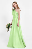 One Shoulder Satin Pleated Bridesmaid Dress Long Bowknot Formal Evening Party Dresses Gowns