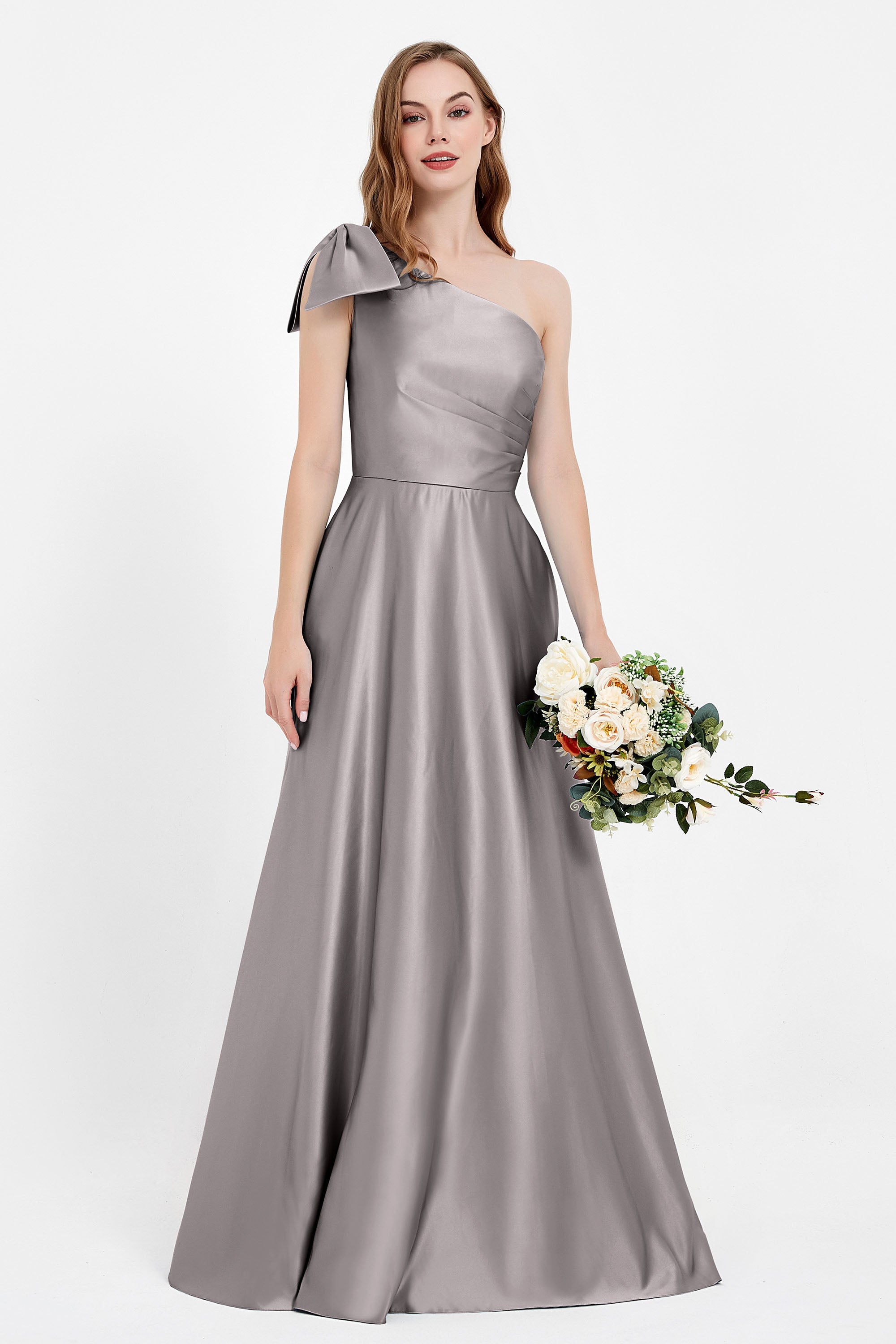One Shoulder Satin Pleated Bridesmaid Dress Long Bowknot Formal Evening Party Dresses Gowns