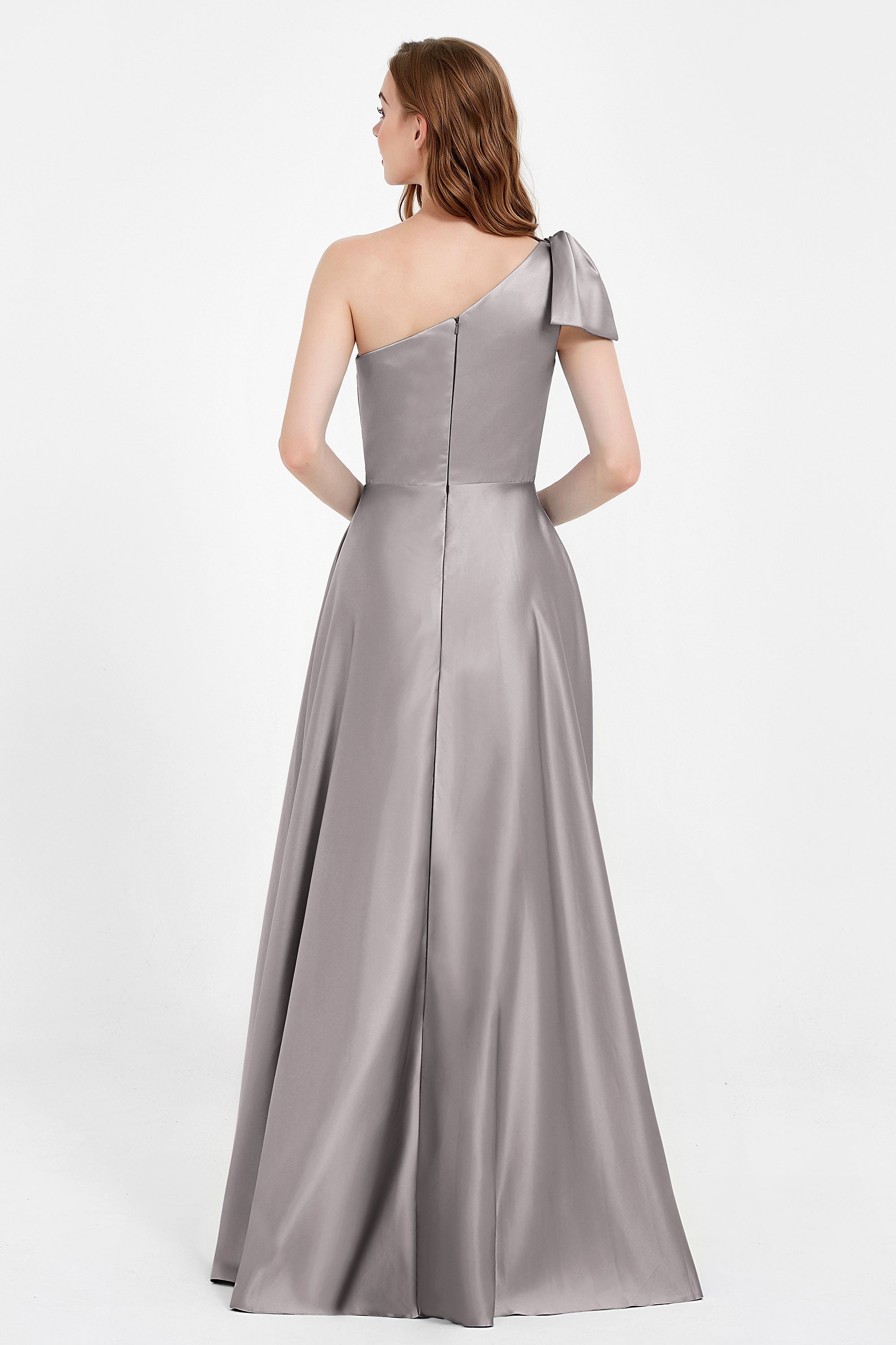 One Shoulder Satin Pleated Bridesmaid Dress Long Bowknot Formal Evening Party Dresses Gowns