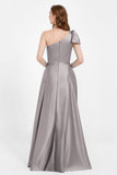 One Shoulder Satin Pleated Bridesmaid Dress Long Bowknot Formal Evening Party Dresses Gowns