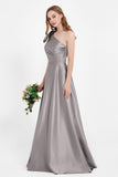 One Shoulder Satin Pleated Bridesmaid Dress Long Bowknot Formal Evening Party Dresses Gowns