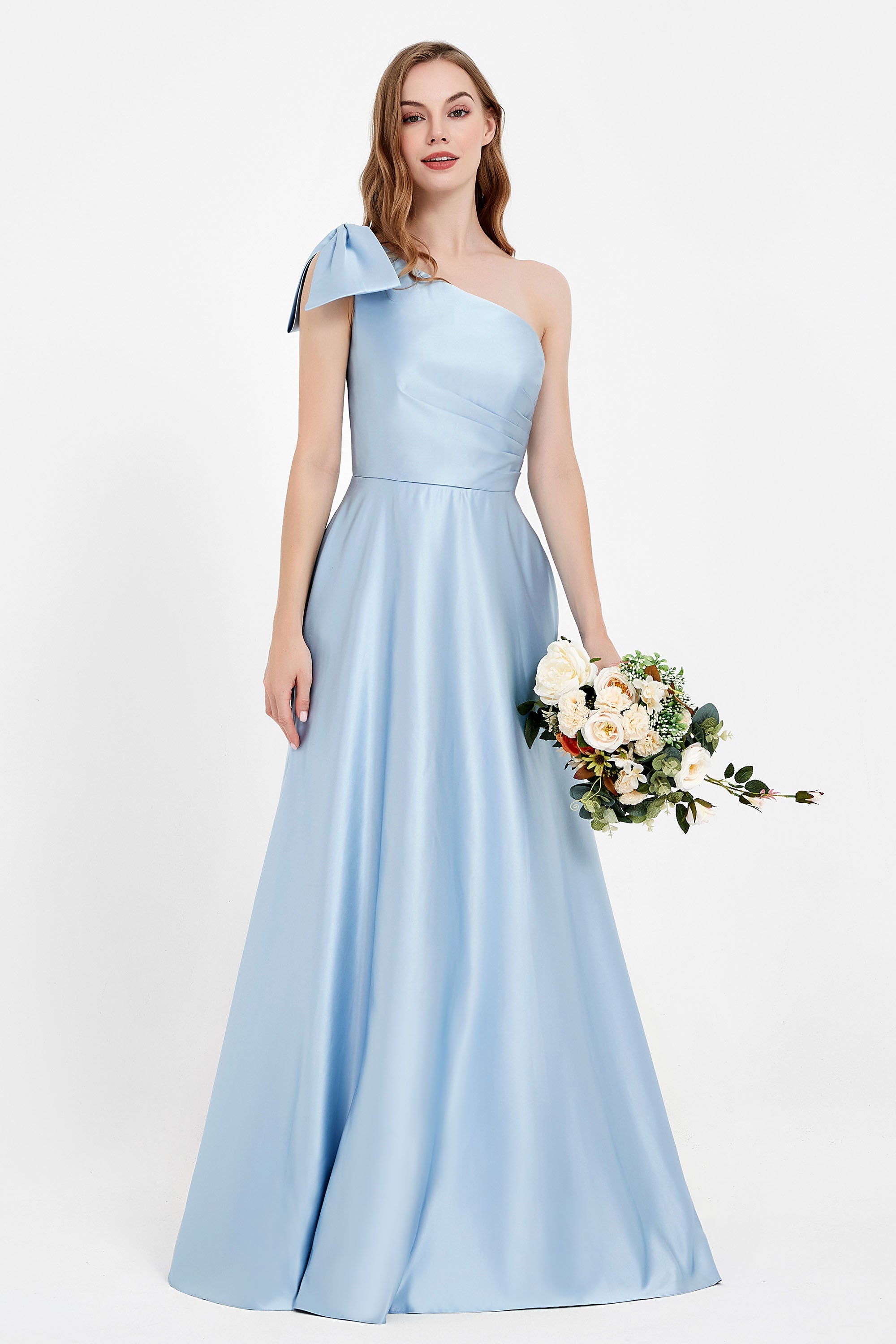 One Shoulder Satin Pleated Bridesmaid Dress Long Bowknot Formal Evening Party Dresses Gowns