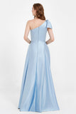 One Shoulder Satin Pleated Bridesmaid Dress Long Bowknot Formal Evening Party Dresses Gowns