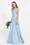 One Shoulder Satin Pleated Bridesmaid Dress Long Bowknot Formal Evening Party Dresses Gowns