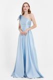 One Shoulder Satin Pleated Bridesmaid Dress Long Bowknot Formal Evening Party Dresses Gowns