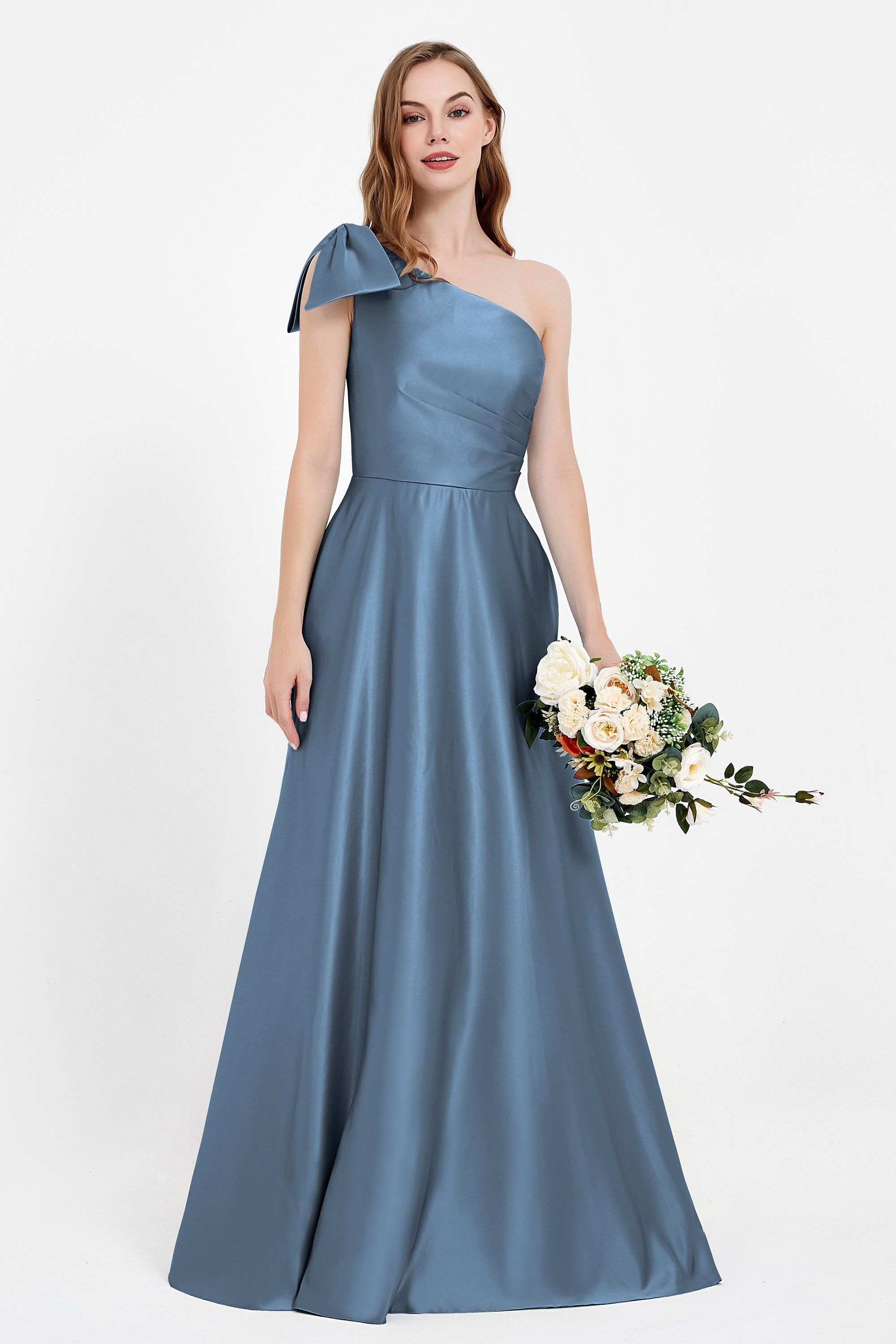 One Shoulder Satin Pleated Bridesmaid Dress Long Bowknot Formal Evening Party Dresses Gowns