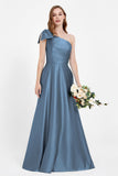 One Shoulder Satin Pleated Bridesmaid Dress Long Bowknot Formal Evening Party Dresses Gowns