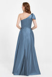 One Shoulder Satin Pleated Bridesmaid Dress Long Bowknot Formal Evening Party Dresses Gowns