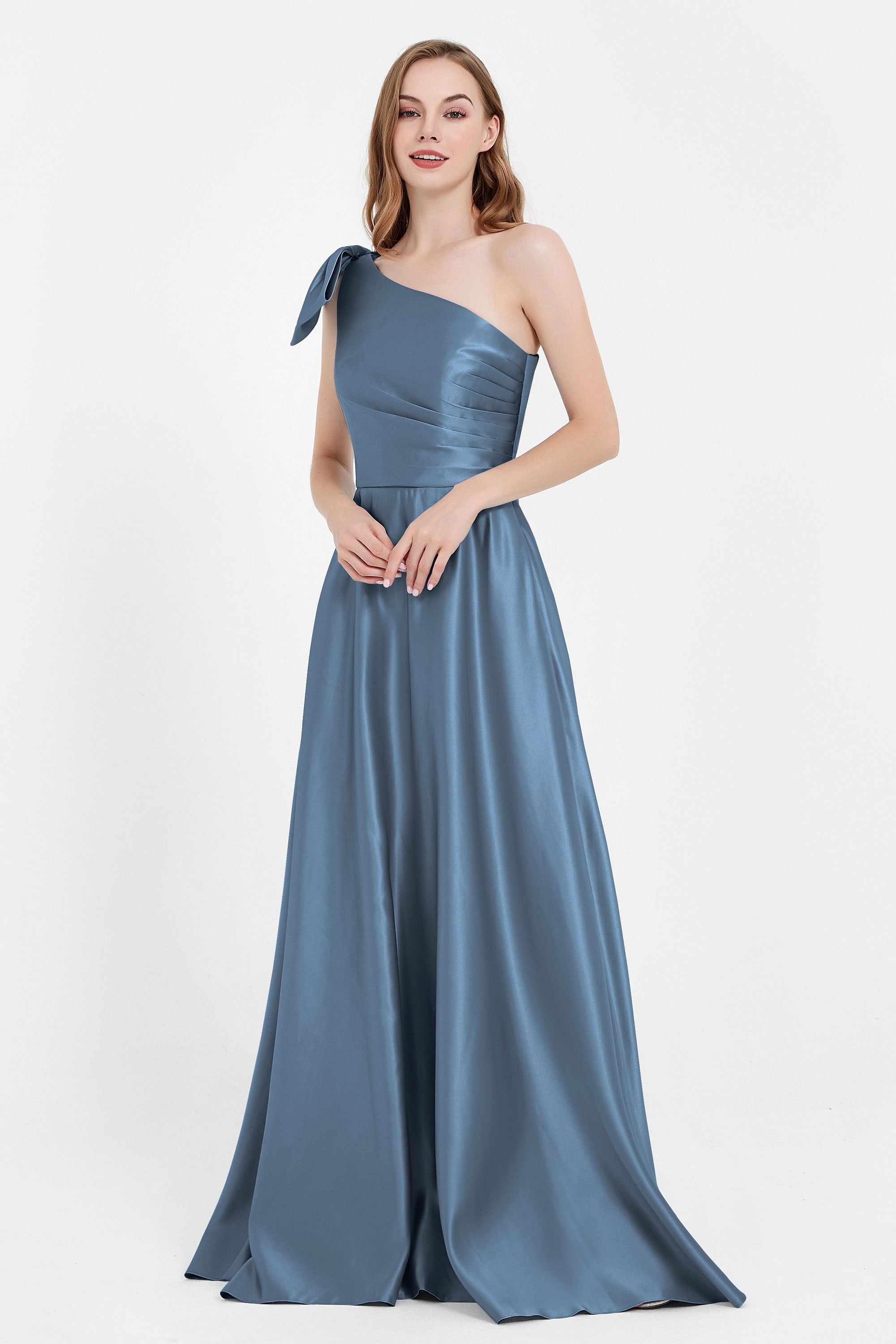 One Shoulder Satin Pleated Bridesmaid Dress Long Bowknot Formal Evening Party Dresses Gowns