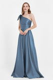 One Shoulder Satin Pleated Bridesmaid Dress Long Bowknot Formal Evening Party Dresses Gowns