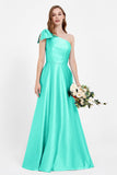 One Shoulder Satin Pleated Bridesmaid Dress Long Bowknot Formal Evening Party Dresses Gowns