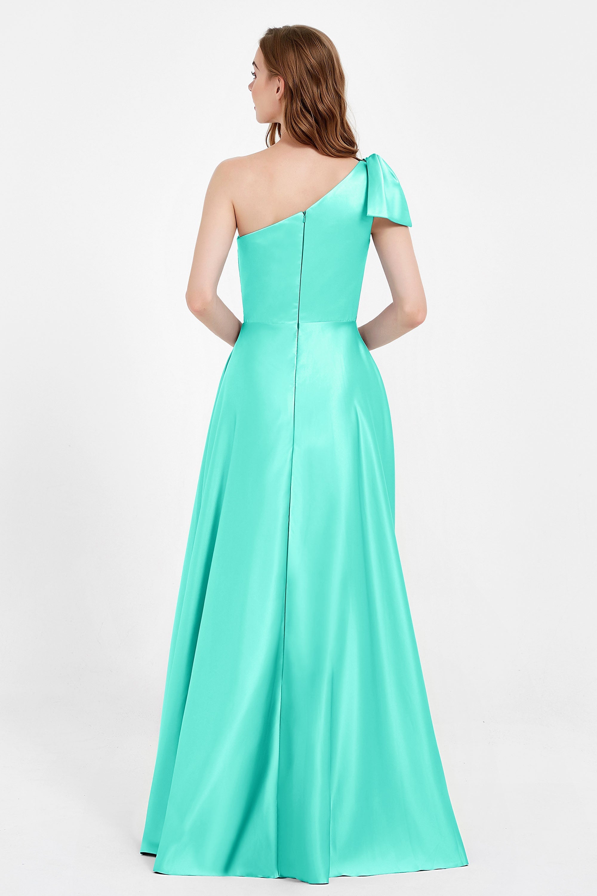 One Shoulder Satin Pleated Bridesmaid Dress Long Bowknot Formal Evening Party Dresses Gowns