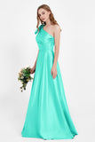 One Shoulder Satin Pleated Bridesmaid Dress Long Bowknot Formal Evening Party Dresses Gowns