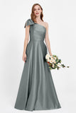 One Shoulder Satin Pleated Bridesmaid Dress Long Bowknot Formal Evening Party Dresses Gowns