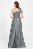 One Shoulder Satin Pleated Bridesmaid Dress Long Bowknot Formal Evening Party Dresses Gowns