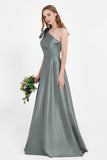 One Shoulder Satin Pleated Bridesmaid Dress Long Bowknot Formal Evening Party Dresses Gowns