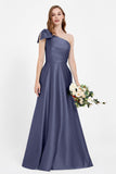 One Shoulder Satin Pleated Bridesmaid Dress Long Bowknot Formal Evening Party Dresses Gowns