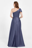 One Shoulder Satin Pleated Bridesmaid Dress Long Bowknot Formal Evening Party Dresses Gowns