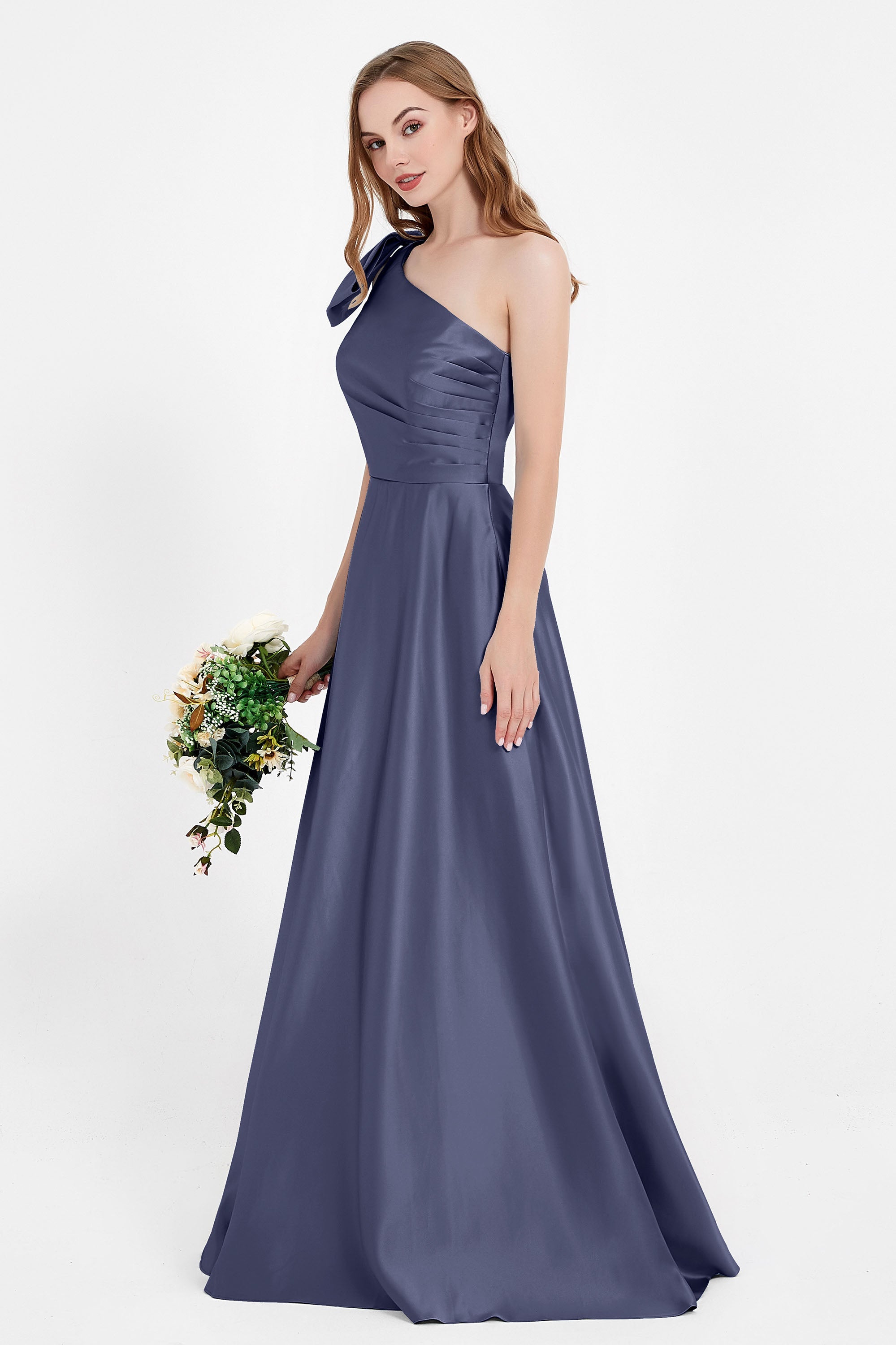 One Shoulder Satin Pleated Bridesmaid Dress Long Bowknot Formal Evening Party Dresses Gowns