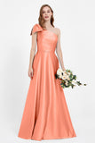 One Shoulder Satin Pleated Bridesmaid Dress Long Bowknot Formal Evening Party Dresses Gowns