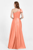 One Shoulder Satin Pleated Bridesmaid Dress Long Bowknot Formal Evening Party Dresses Gowns