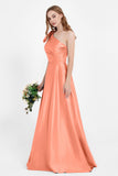 One Shoulder Satin Pleated Bridesmaid Dress Long Bowknot Formal Evening Party Dresses Gowns