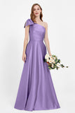 One Shoulder Satin Pleated Bridesmaid Dress Long Bowknot Formal Evening Party Dresses Gowns