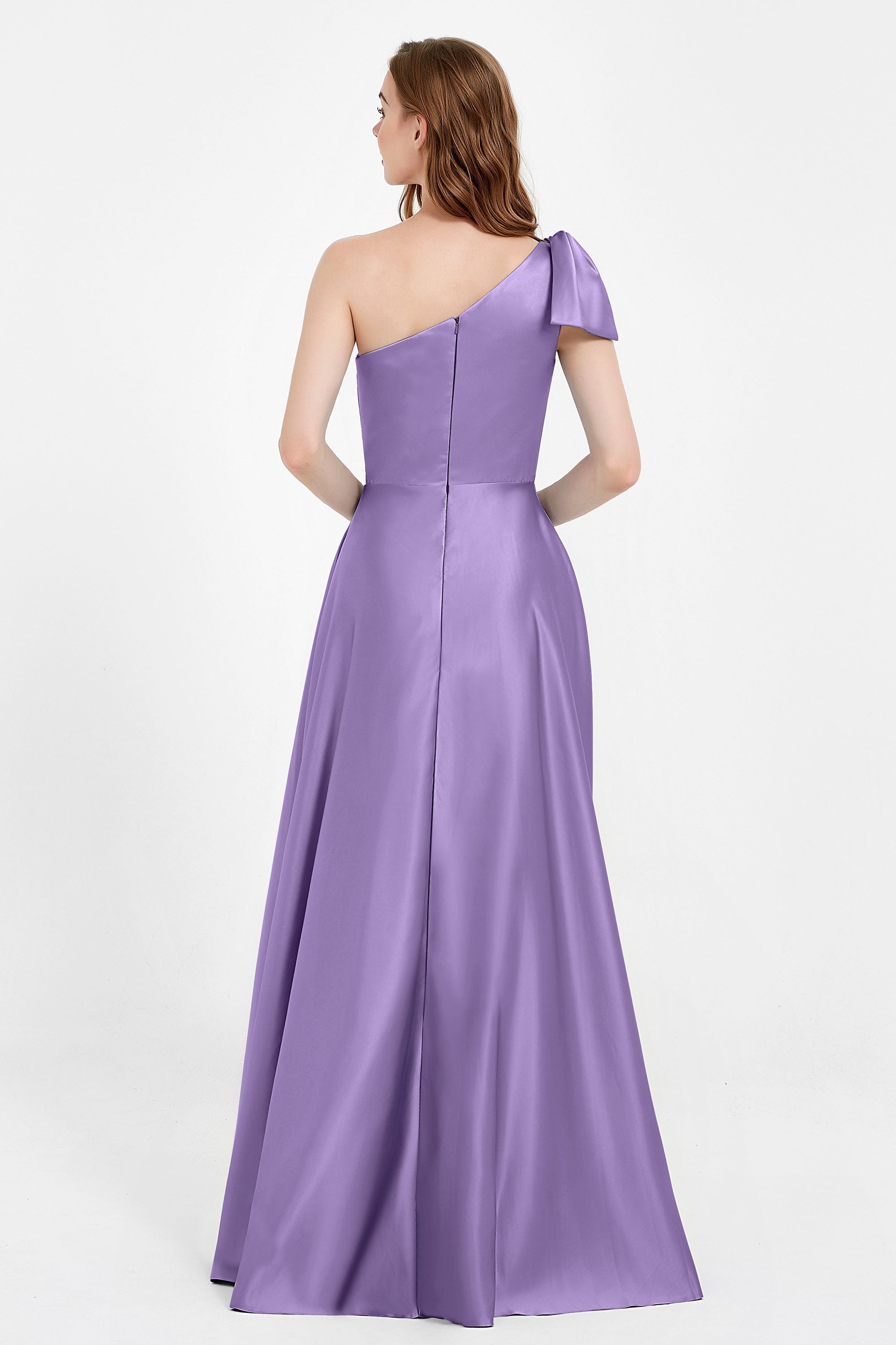 One Shoulder Satin Pleated Bridesmaid Dress Long Bowknot Formal Evening Party Dresses Gowns