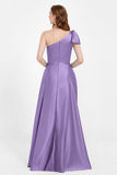 One Shoulder Satin Pleated Bridesmaid Dress Long Bowknot Formal Evening Party Dresses Gowns