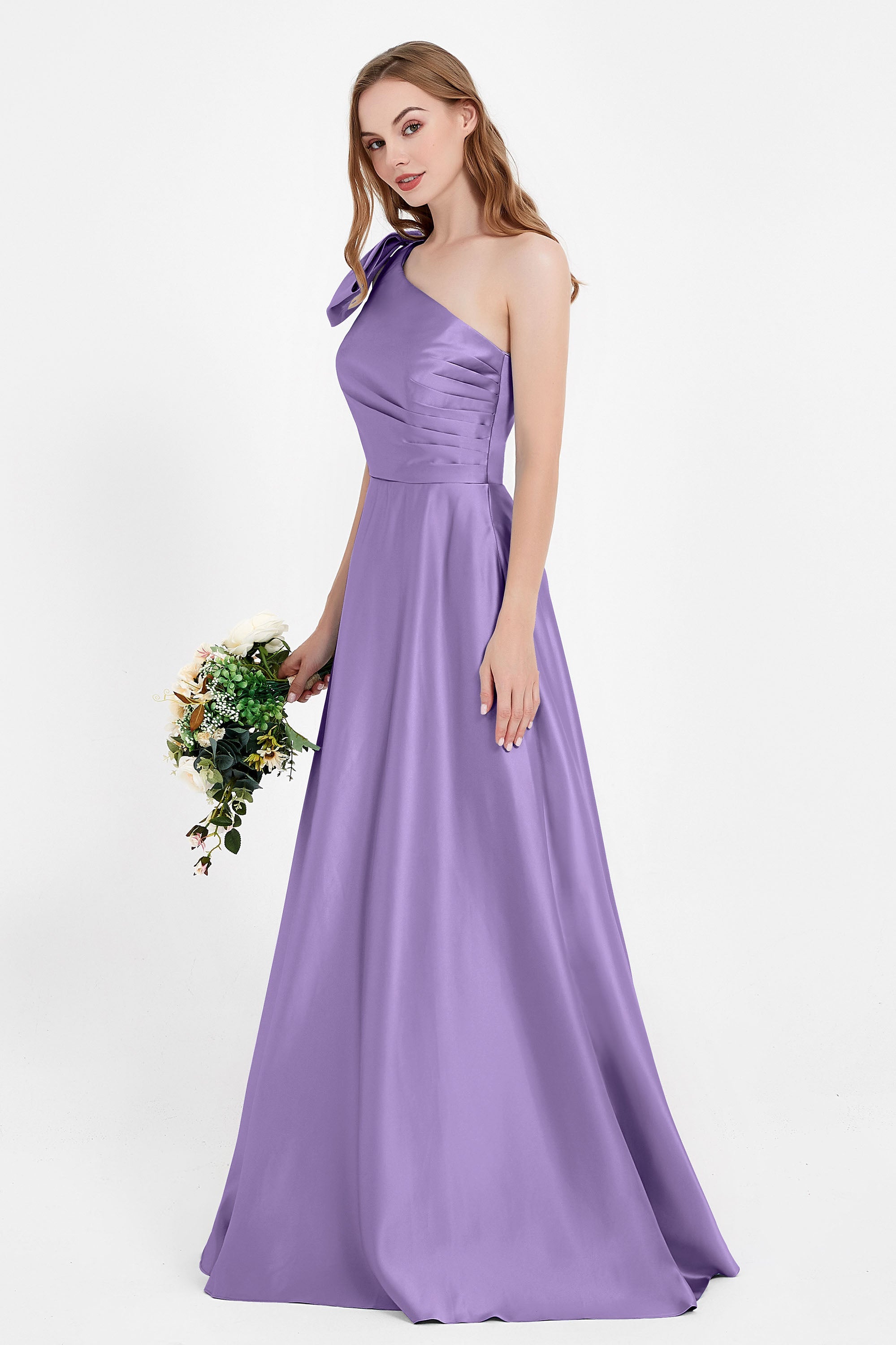 One Shoulder Satin Pleated Bridesmaid Dress Long Bowknot Formal Evening Party Dresses Gowns