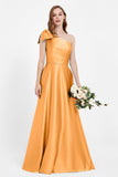 One Shoulder Satin Pleated Bridesmaid Dress Long Bowknot Formal Evening Party Dresses Gowns