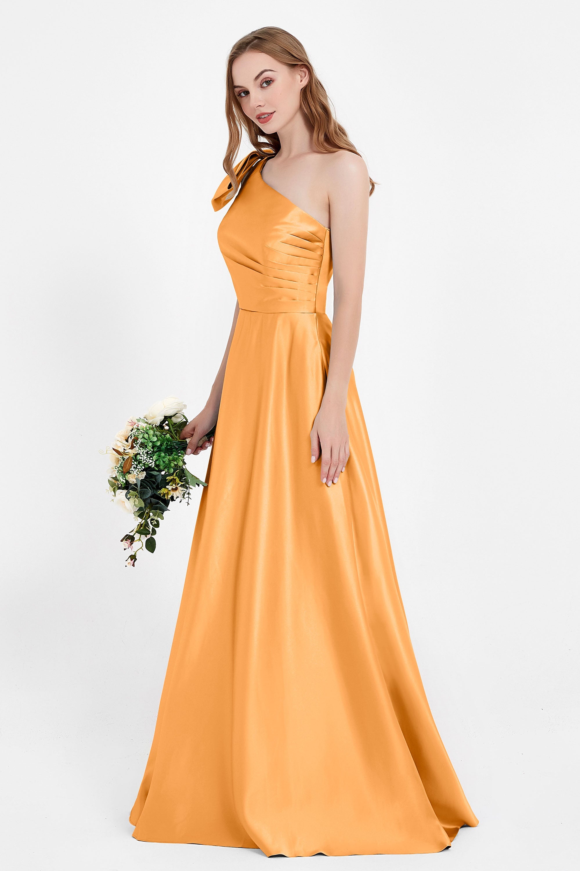 One Shoulder Satin Pleated Bridesmaid Dress Long Bowknot Formal Evening Party Dresses Gowns