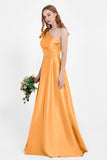 One Shoulder Satin Pleated Bridesmaid Dress Long Bowknot Formal Evening Party Dresses Gowns
