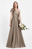 One Shoulder Satin Pleated Bridesmaid Dress Long Bowknot Formal Evening Party Dresses Gowns